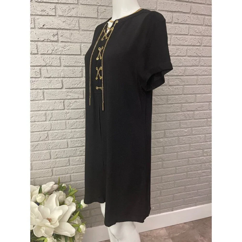 Michael Kors Women High / Low Gold Chain Lace - Up Shift Dress Size M